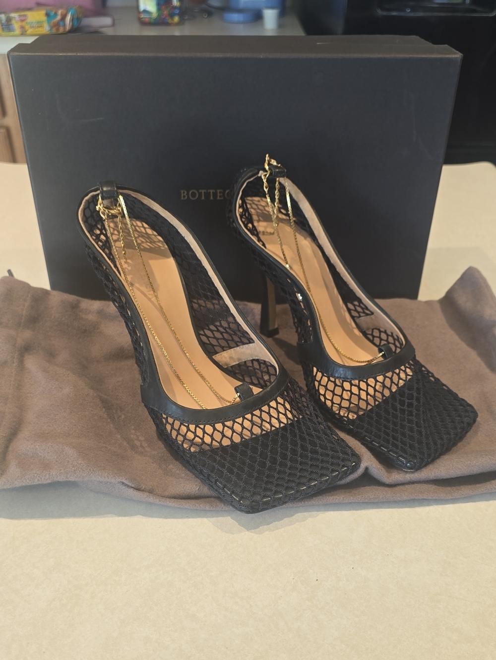 Bottega Veneta Mesh Square Toe Pumps With Gold Chains Size 37